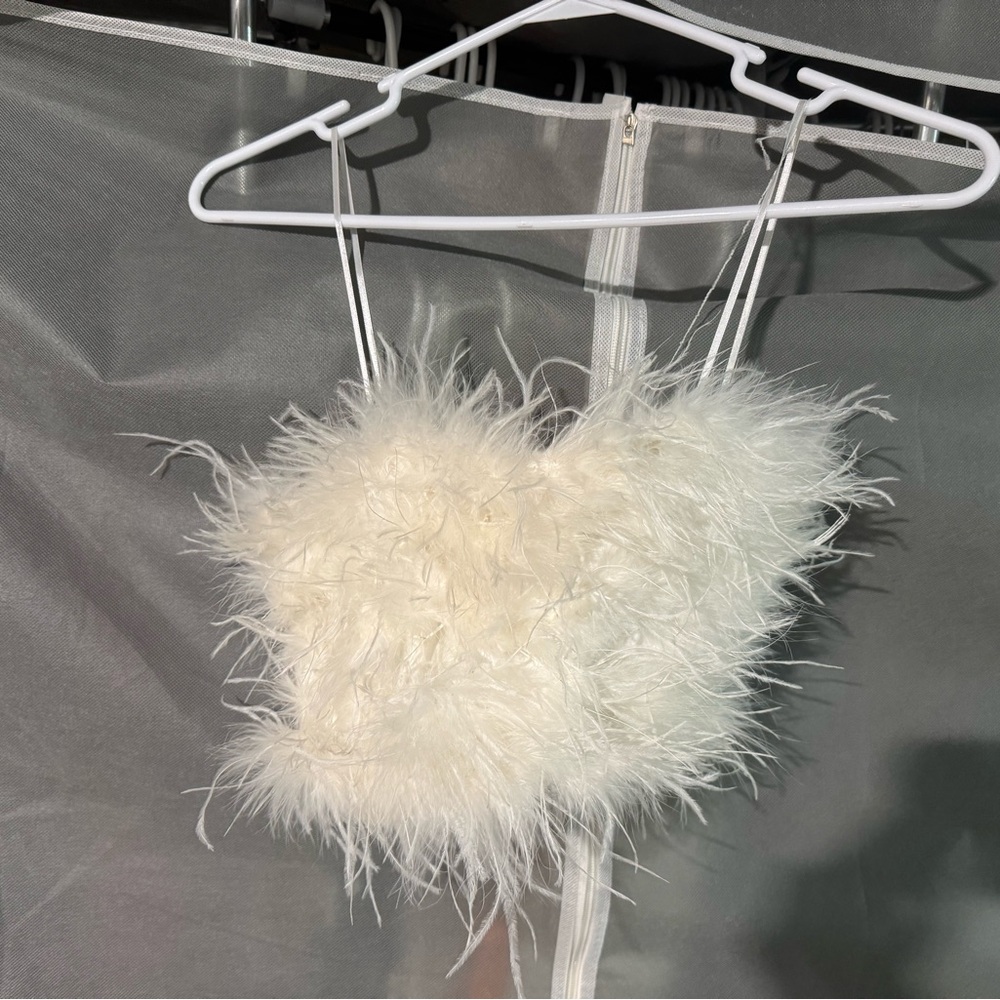 White Fuzzy Feather Crop Top